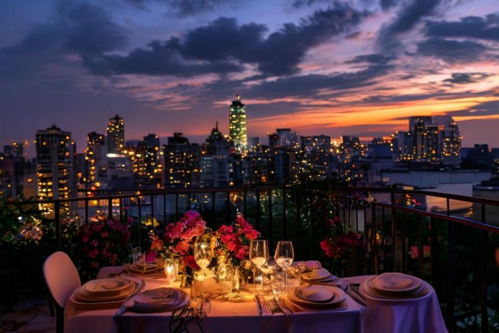 Mesa de jantar romântica em um rooftop em Curitiba com vista para a cidade ao entardecer.