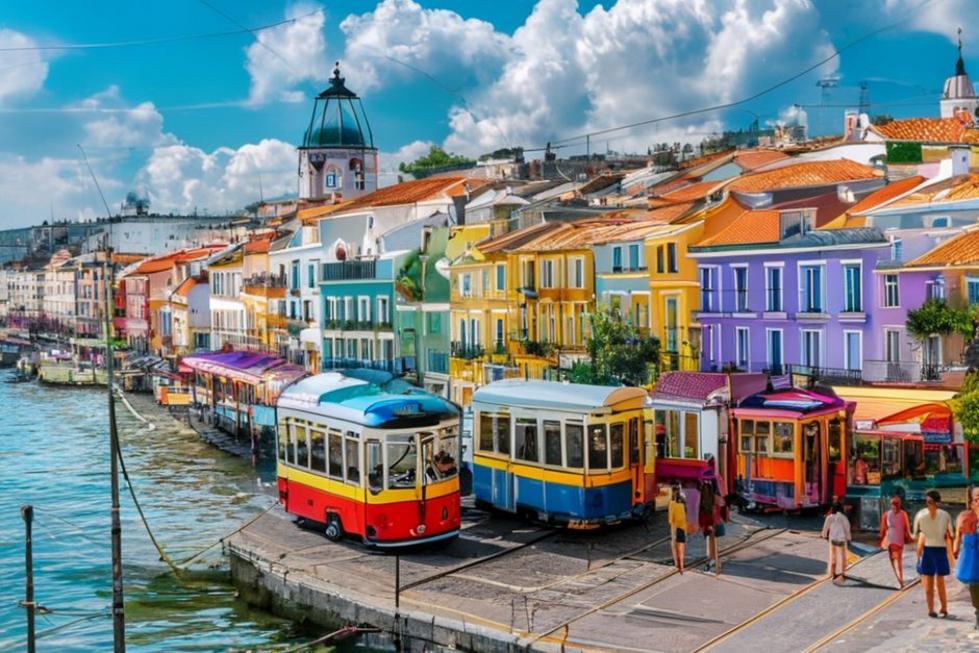 Vista do waterfront em Lisboa com bondes e ambiente animado.