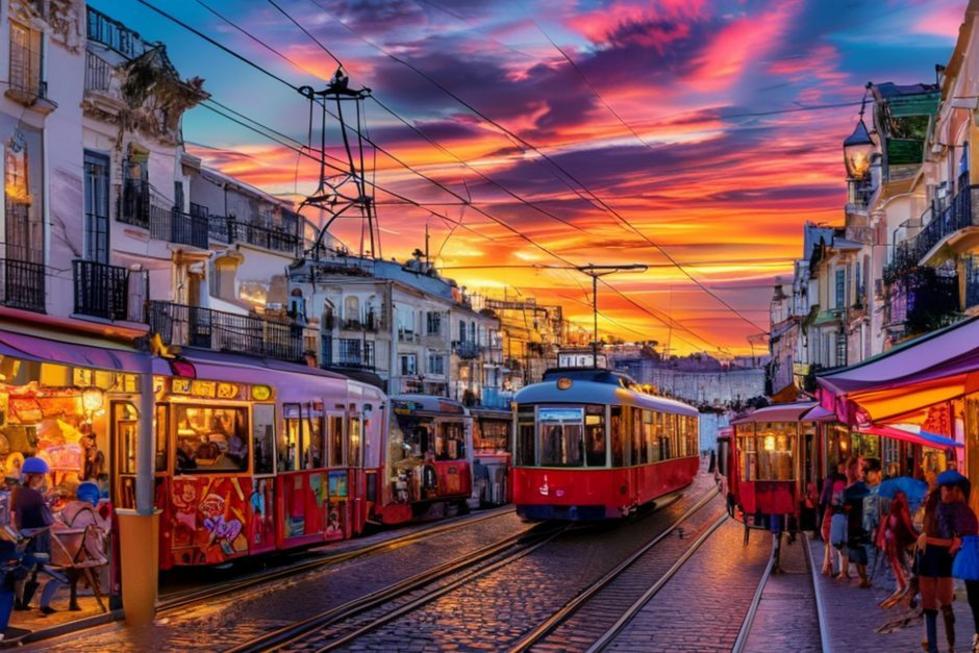 Uma cena vibrante de Lisboa ao entardecer com bondes e cafés cheios de vida.
