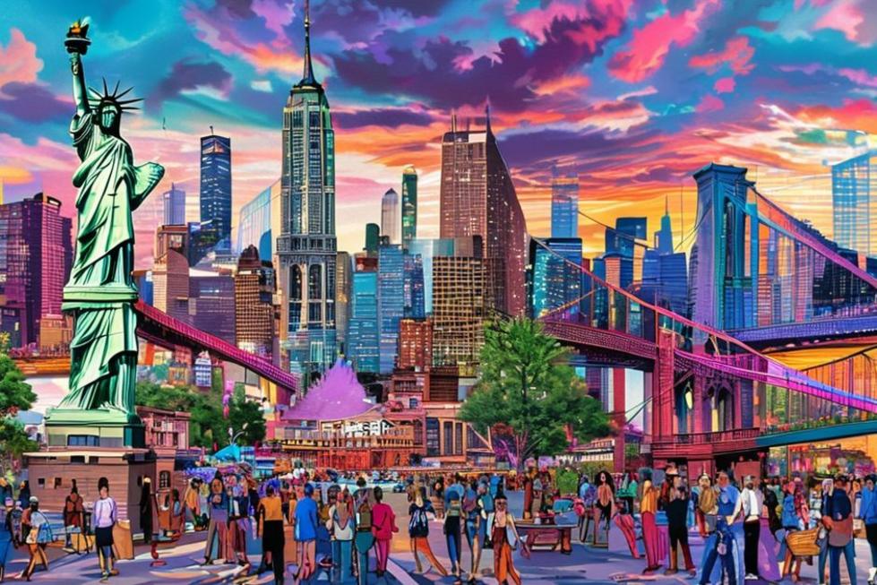 Representação vibrante da vida em Nova York com pontos turísticos emblemáticos.