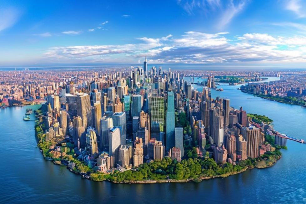 Vista aérea de Nova York com arranha-céus e Central Park.