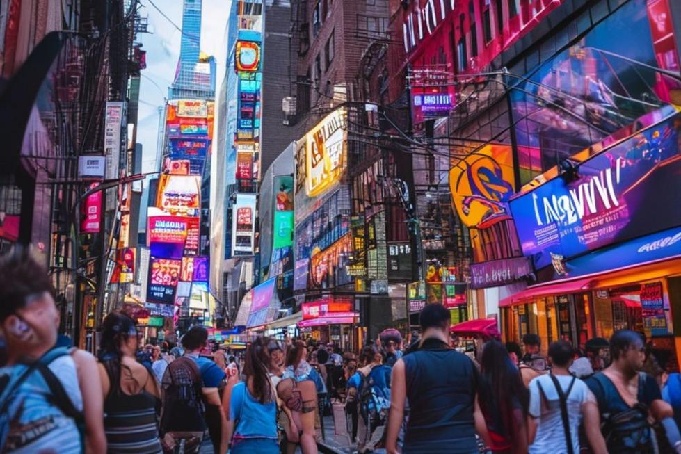 Rua movimentada em Nova York cheia de turistas e opções de hospedagem.