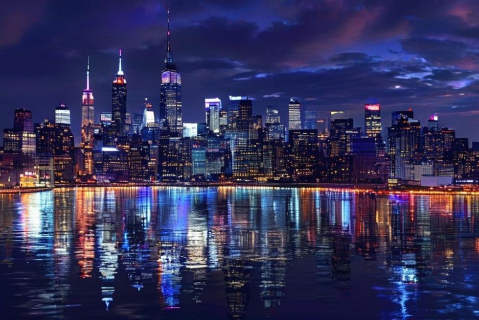 Vista noturna do skyline de Nova York, destacando arranha-céus iluminados.