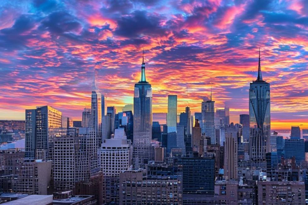 A vista do skyline de Nova York com edifícios icônicos ao pôr do sol.
