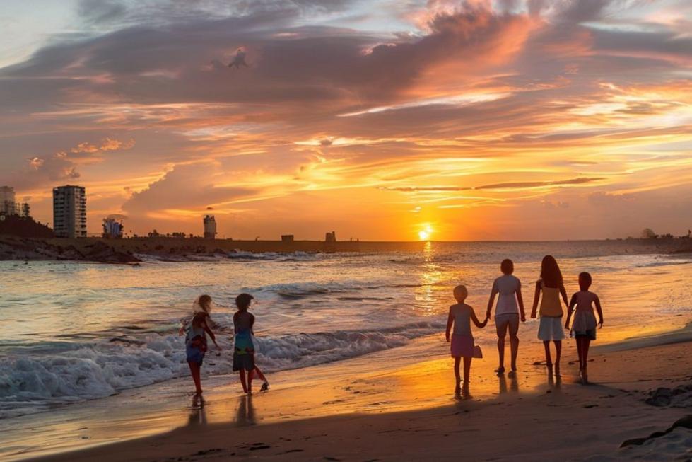 Vista deslumbrante da praia de Recife ao pôr do sol, simbolizando viagens em família.
