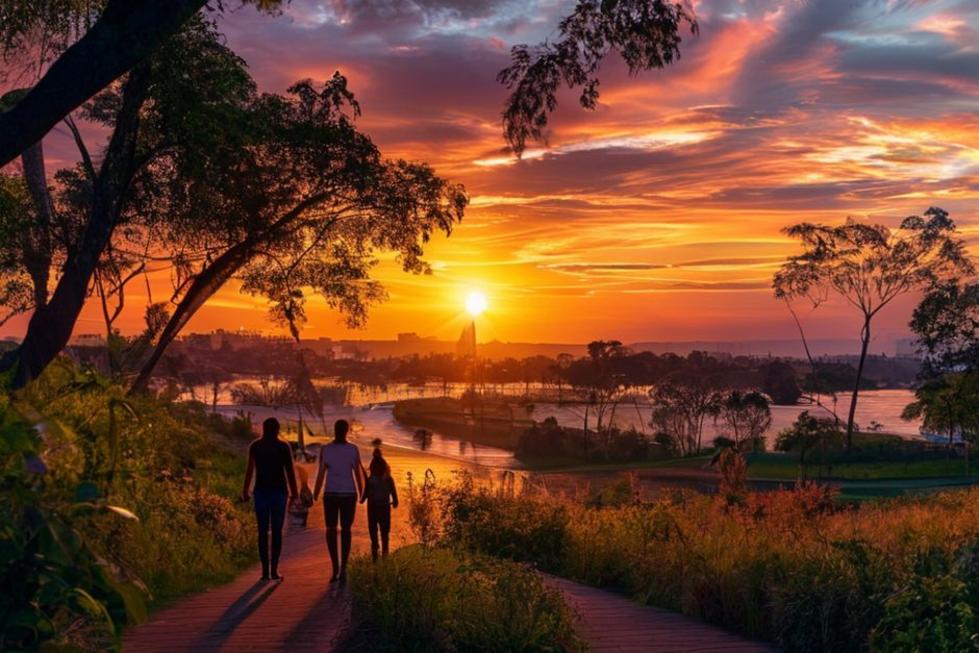 Pôr do sol romântico com casais caminhando em um parque deslumbrante de Curitiba.