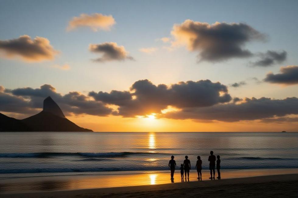 Silhuetas de famílias assistindo ao pôr do sol em Florianópolis.