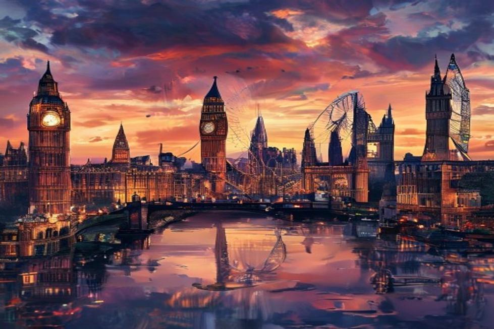 Cenário de Londres com Big Ben, London Eye e Ponte da Torre ao pôr do sol.