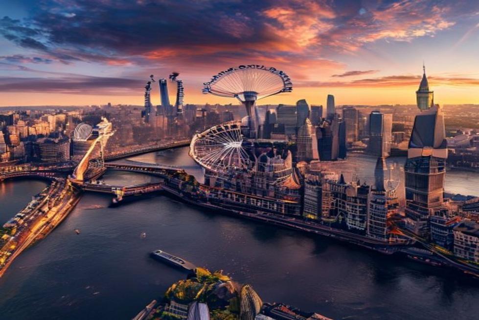 Panorama da cidade de Londres ao entardecer.