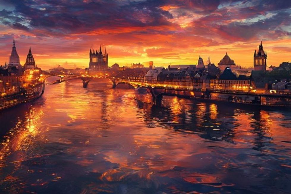 Vista de Londres com o Rio Tâmisa e pontos turísticos ao pôr do sol.