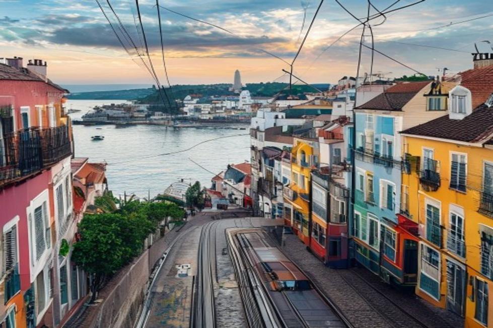 Vista pitoresca de Lisboa com colinas, rio Tejo e bondes históricos.