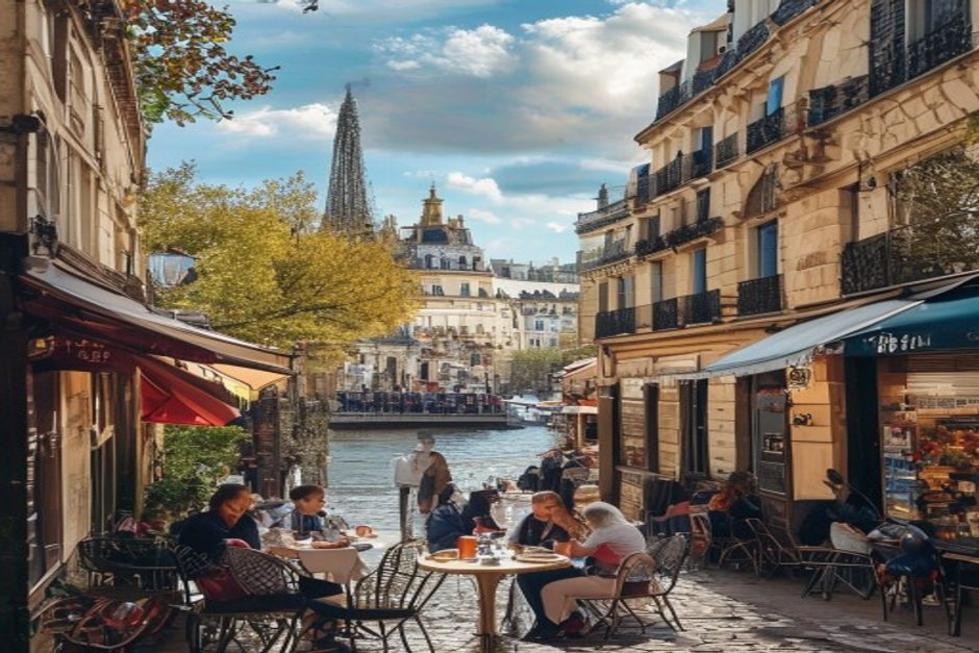 Uma cena vibrante de Paris com locais aproveitando a cidade.