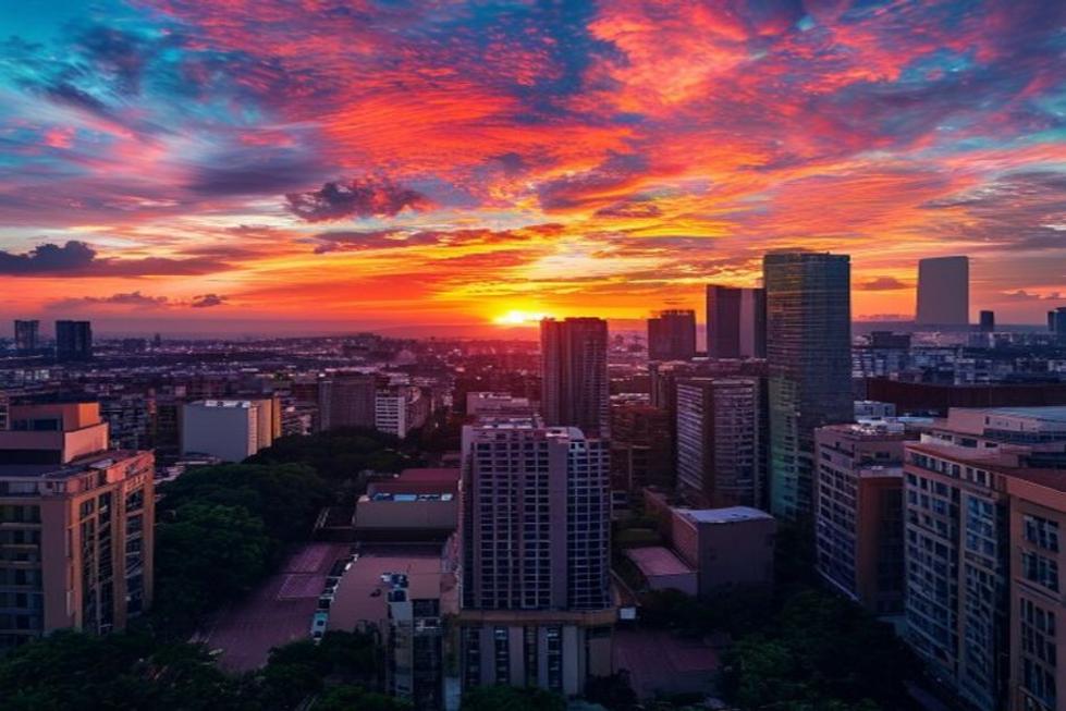 Pôr do sol vibrante sobre o horizonte de Curitiba.