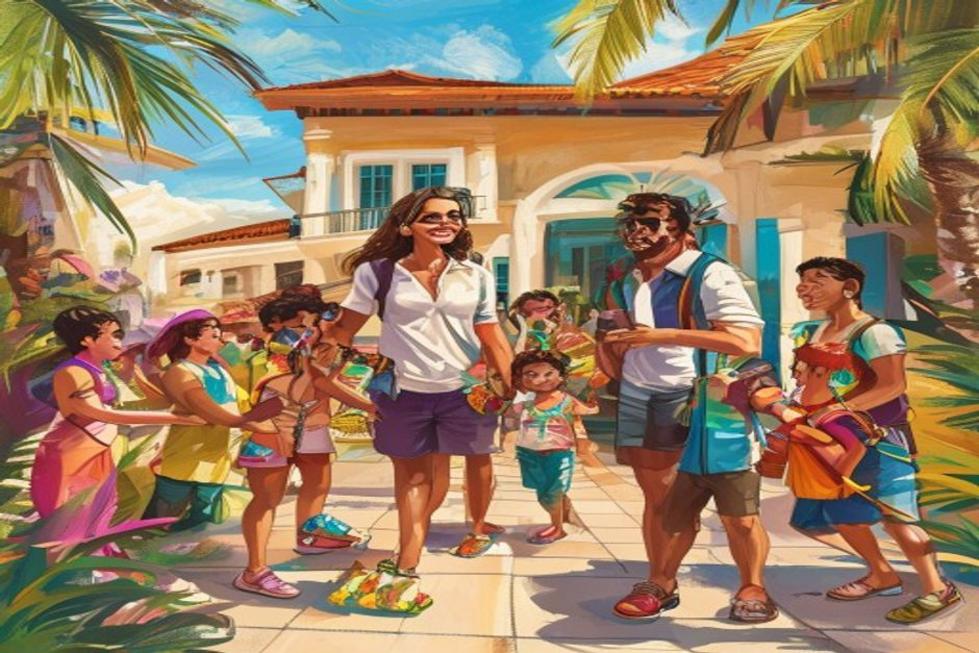 Família feliz chegando ao hotel em Florianópolis, prontos para aproveitar suas férias.