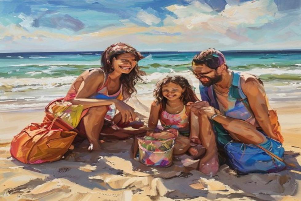 Família feliz desfrutando da praia em Florianópolis.