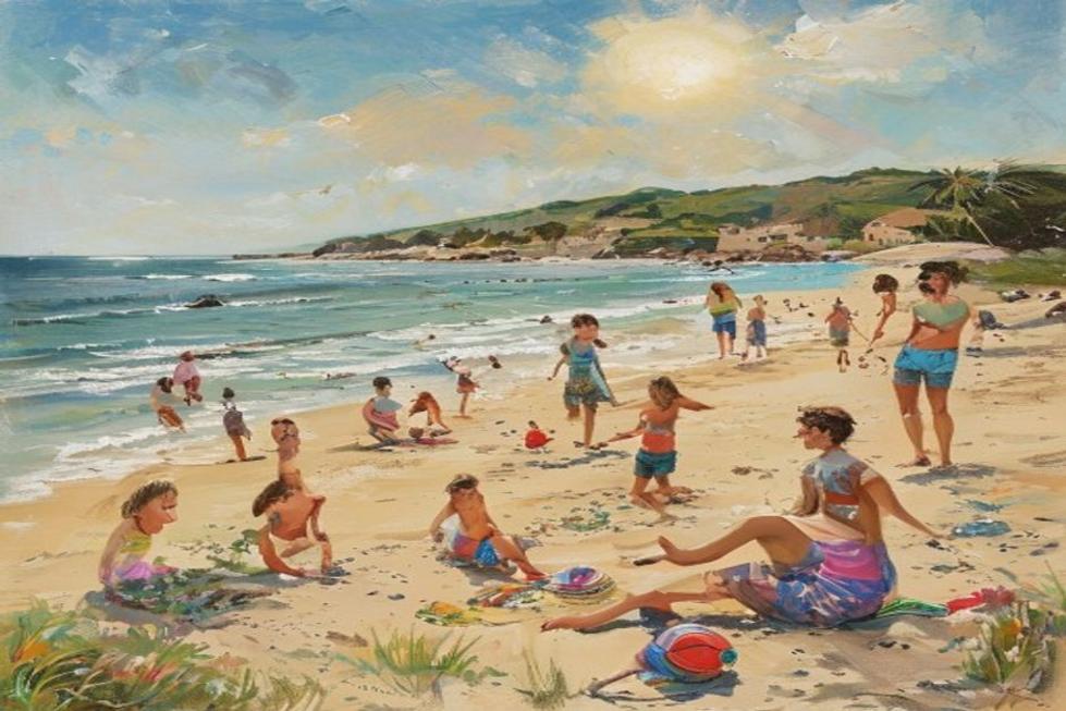 Praia de Florianópolis com famílias felizes aproveitando o dia.