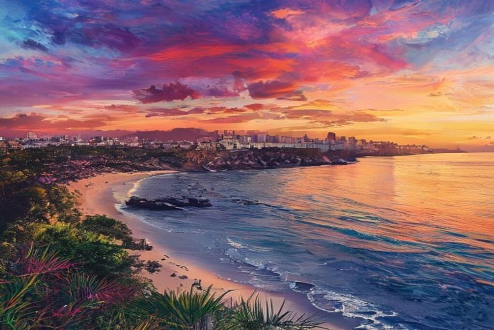 Vista panorâmica da orla de Fortaleza ao pôr do sol.