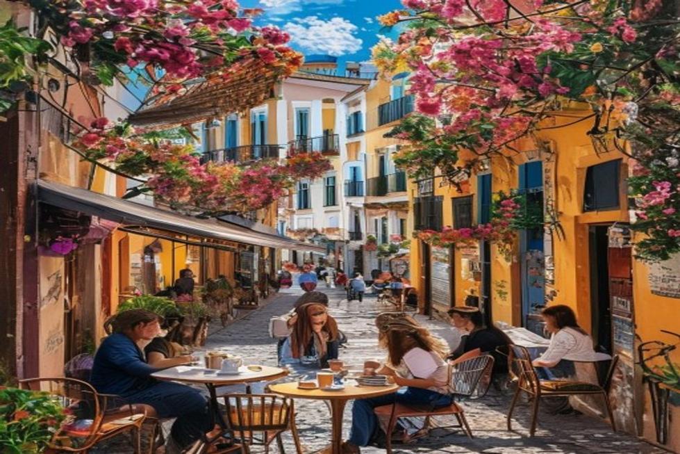 Café ao ar livre em Lisboa, refletindo o calor e a vibração da cidade.