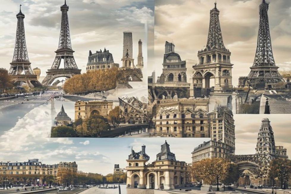 Montagem de monumentos parisienses, incluindo a Torre Eiffel, Museu do Louvre e Arco do Triunfo.