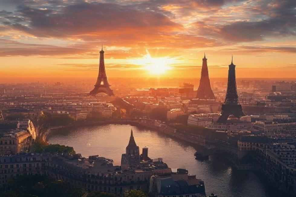 Céu da manhã em Paris com a Torre Eiffel e outras atrações.
