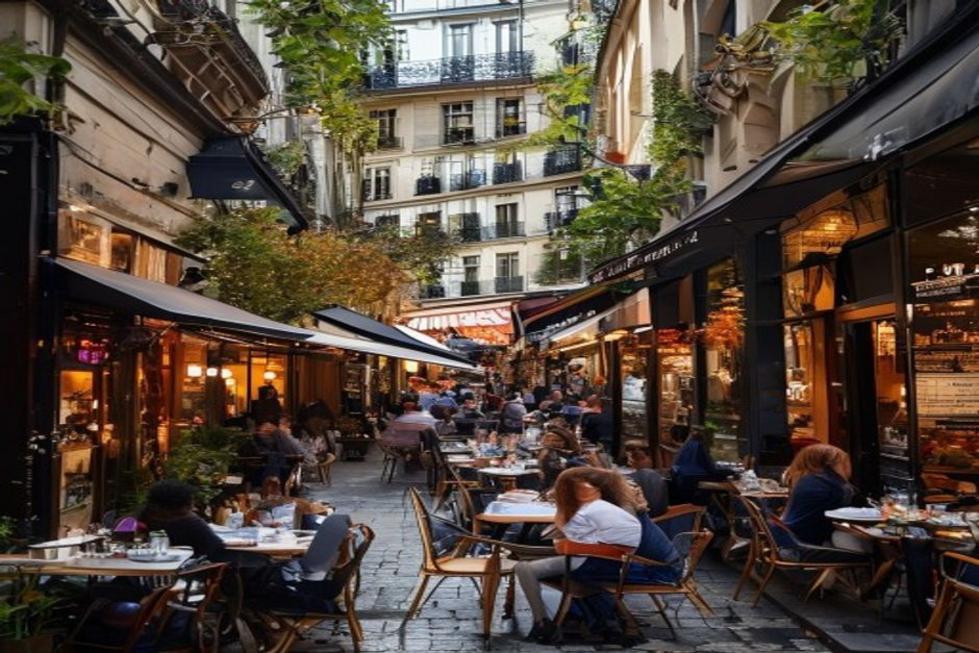 Cenas de rua em Paris com restaurantes e pessoas felizes apreciando suas refeições.