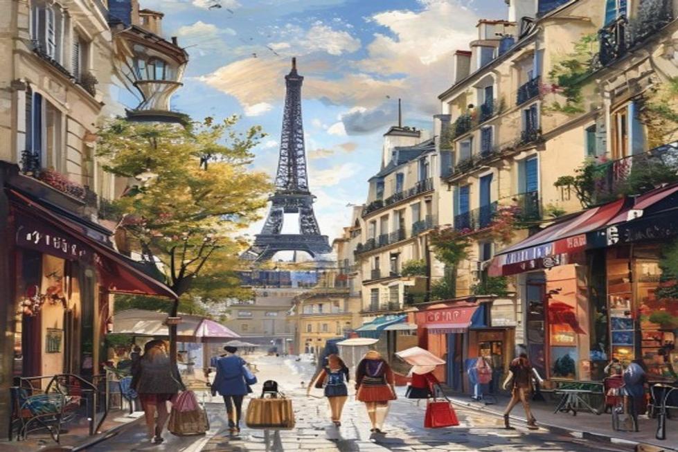 Cenário de uma rua parisiense vibrante, com cafés e o famoso estilo arquitetônico da cidade.