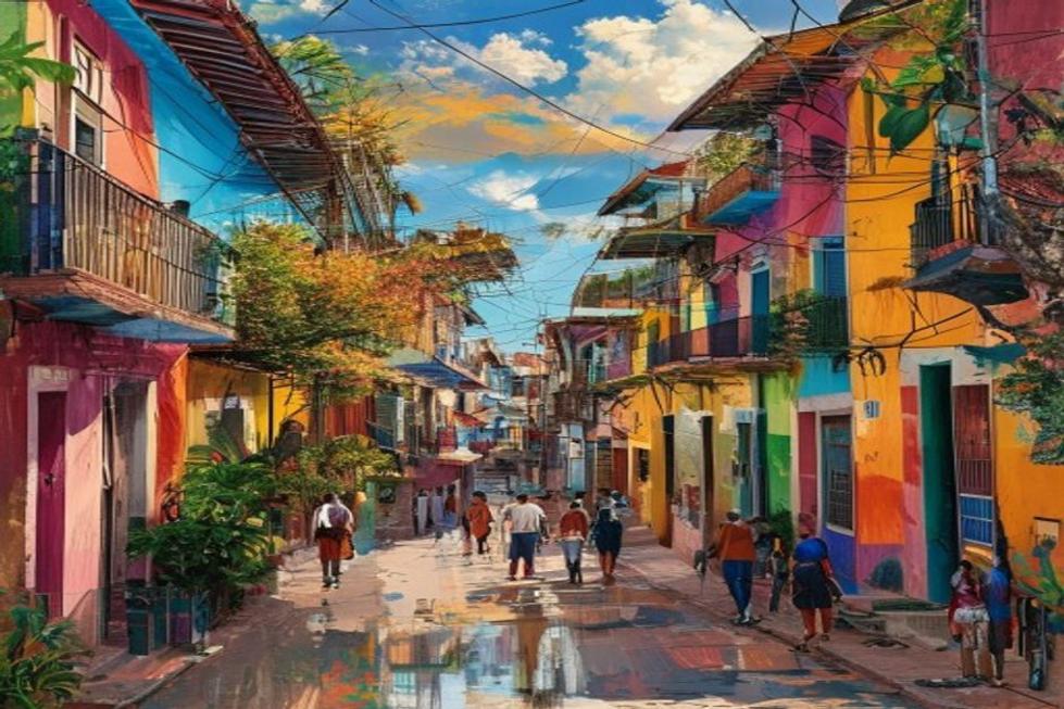 Cenário vibrante de um bairro em Salvador com a vida local.