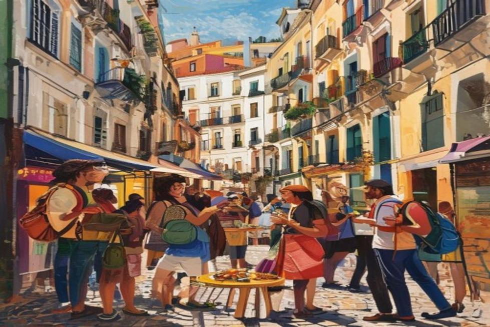 Imagem de viajantes descobrindo as ruas de Lisboa, cercados por cores e sabores locais.