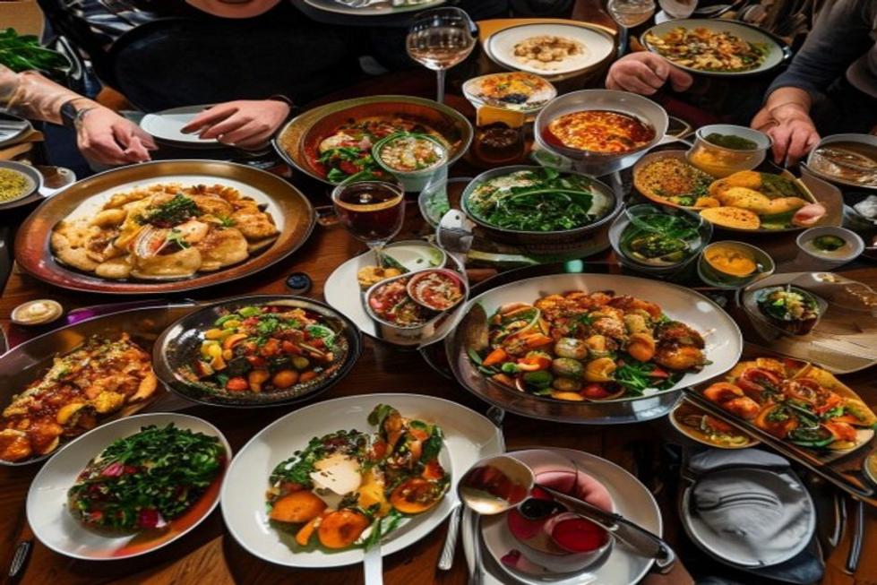 Várias opções de comida típica de Buenos Aires sobre uma mesa, com pratos vibrantes e apetitosos.