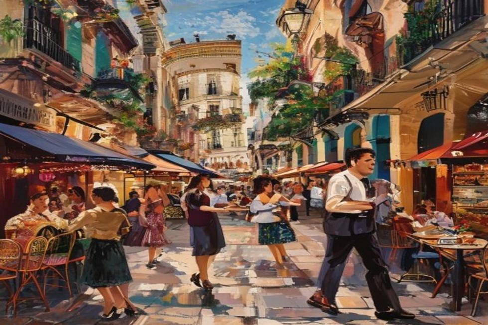 Cena de rua em Buenos Aires com dançarinos de tango e pessoas aproveitando a culinária local.