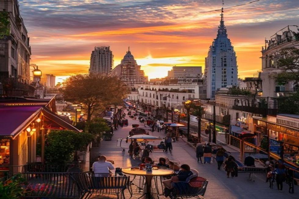 Vista da cidade de Buenos Aires ao pôr do sol, mostrando a arquitetura e o ambiente animado.