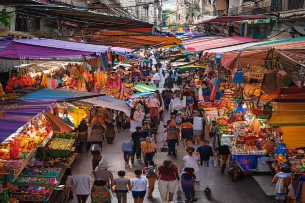 Mercado movimentado de Buenos Aires com barracas coloridas.