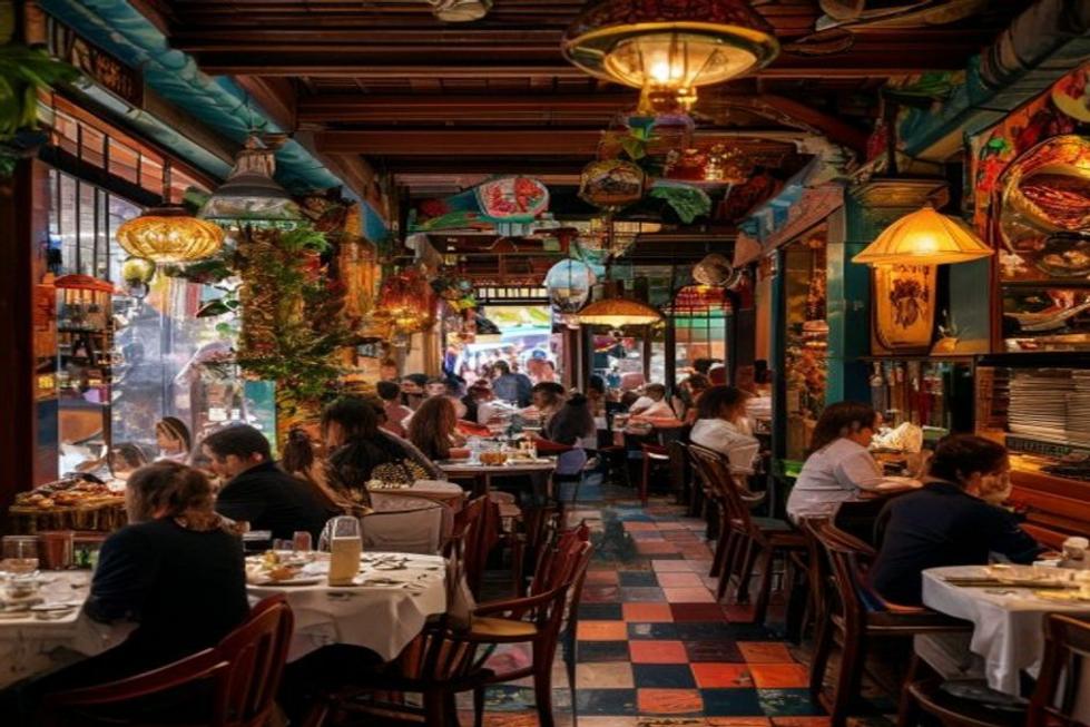 Um ambiente animado de um restaurante em Buenos Aires cheio de clientes.