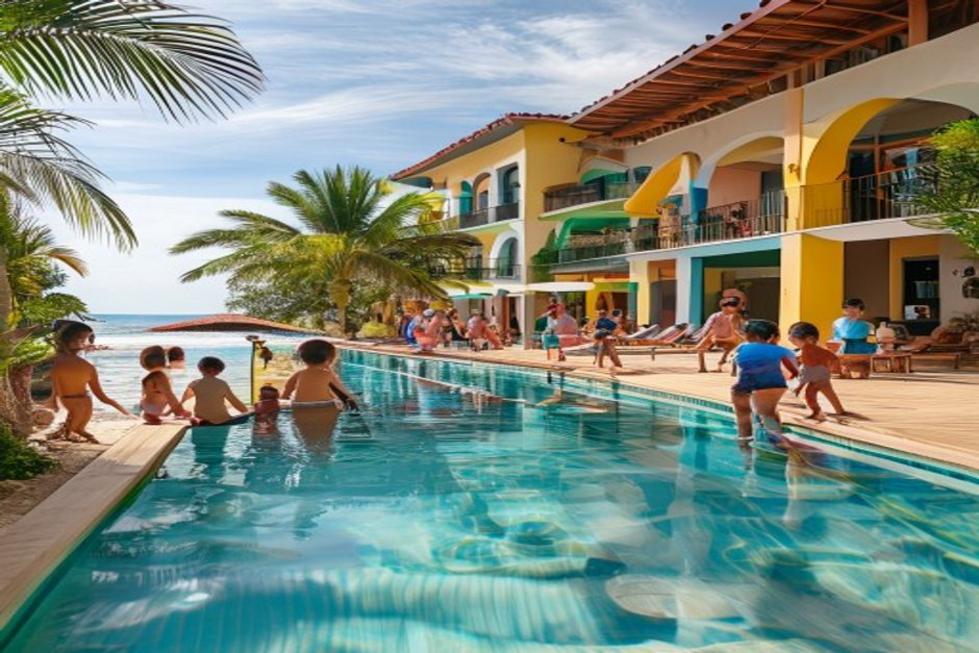 Hotel familiar em Fortaleza, mostrando atividades para crianças e acesso à praia.