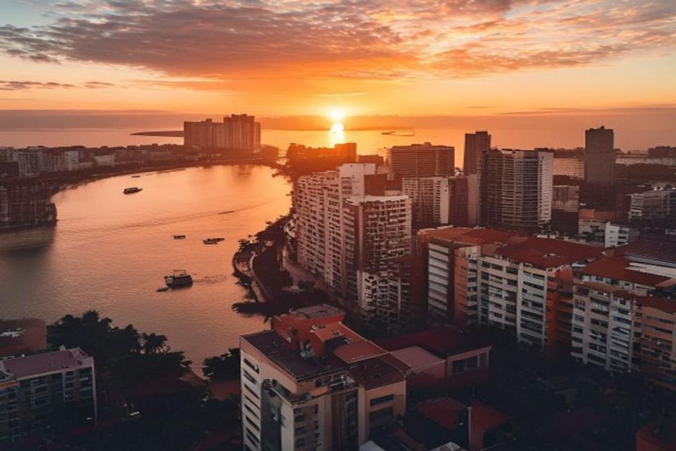 Cidade do Recife com arquitetura moderna e histórica ao pôr do sol.