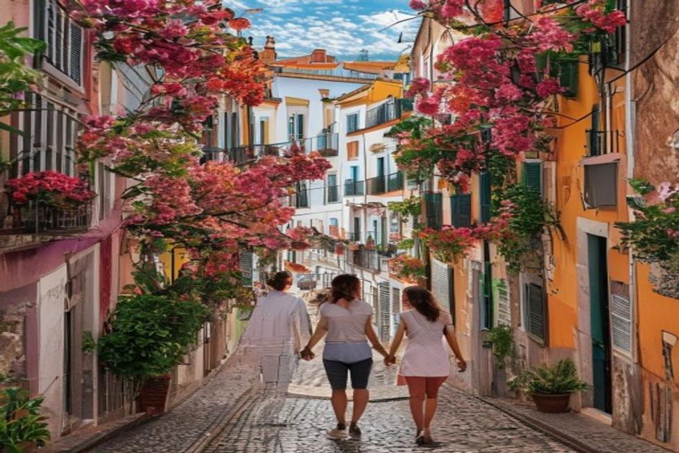 Um casal caminhando em Lisboa, desfrutando de um momento romântico.