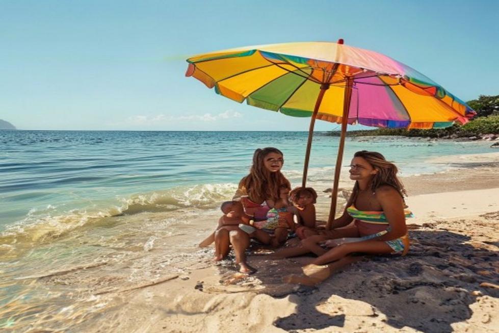 Uma família se divertindo na praia de Fortaleza.