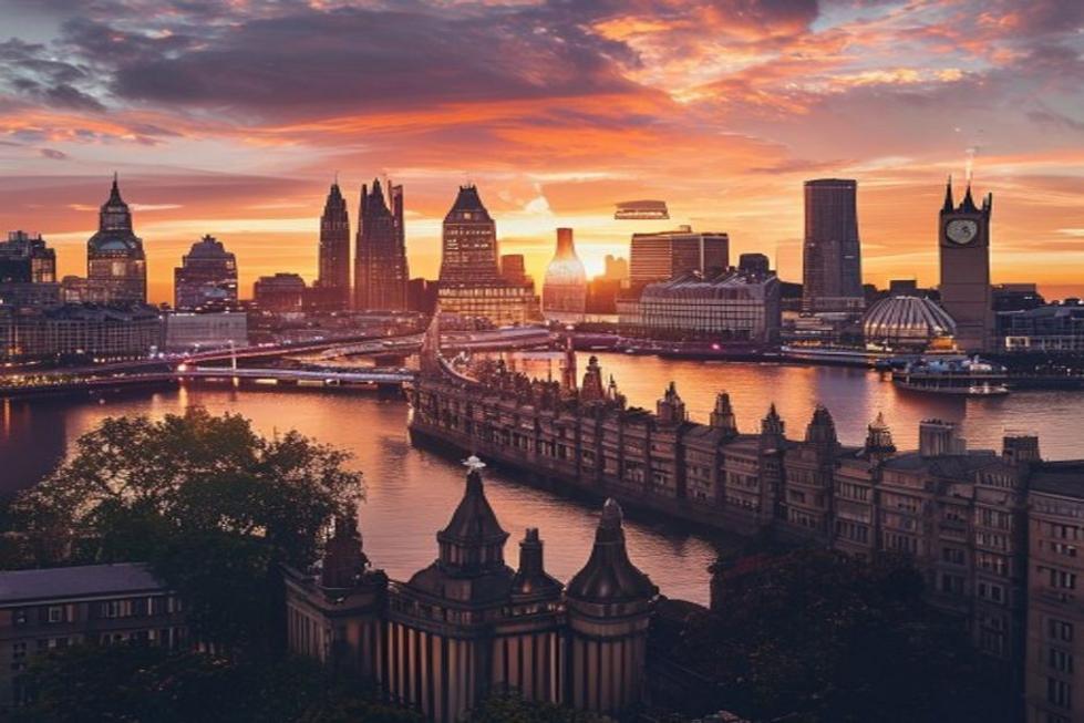 Vista do skyline de Londres durante o pôr do sol.