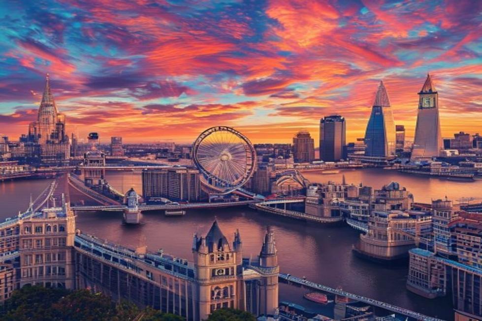Vista panorâmica de Londres, destacando a Tower Bridge e o London Eye ao pôr do sol.