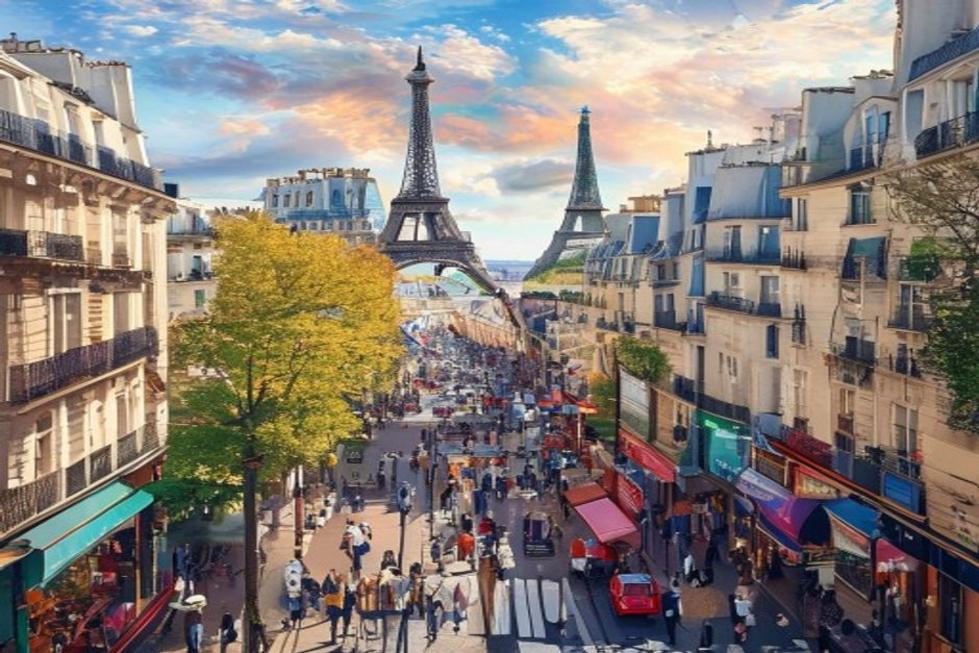 Uma vista vibrante de Paris com pontos turísticos icônicos e ruas movimentadas.