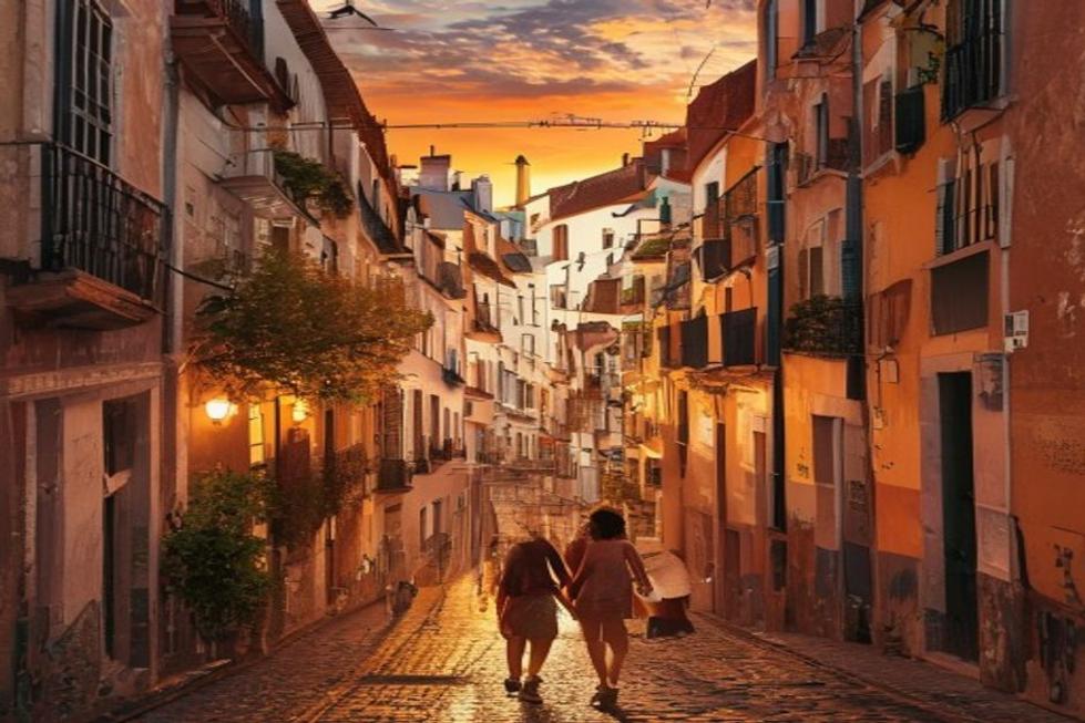 Casal caminhando de mãos dadas pelas ruas de Lisboa ao entardecer