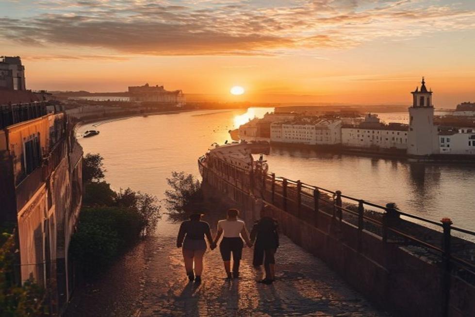 Casais caminhando em um miradouro panorâmico de Lisboa ao pôr do sol.
