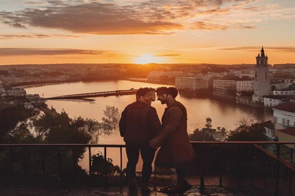 Casal de mãos dadas em um miradouro de Lisboa durante o pôr do sol, com a cidade e o rio ao fundo.