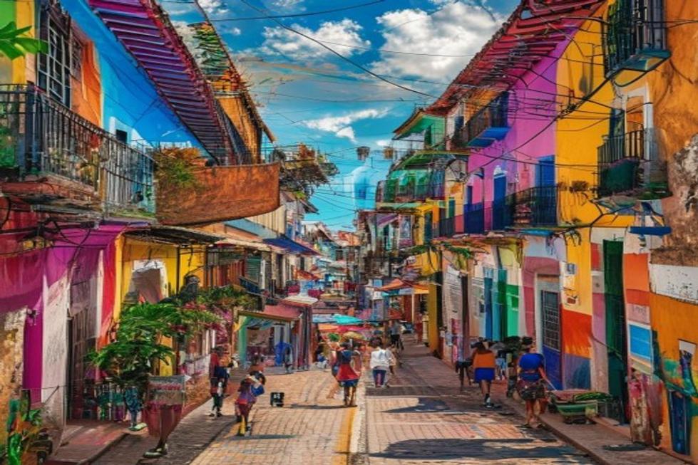 Imagem de uma rua vibrante em Salvador, Brasil, com prédios coloridos e turistas.