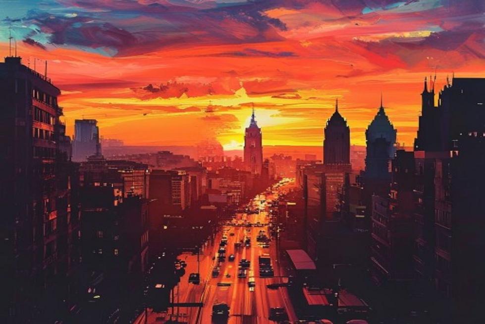 A vibrant sunset view over Buenos Aires showcasing silhouettes of iconic architecture.