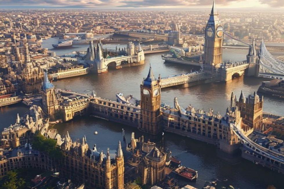 Vista aérea destacando os famosos marcos de Londres como Big Ben e Tower Bridge.