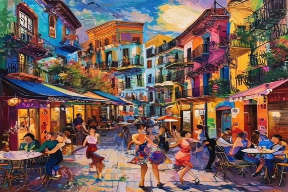 Imagem de uma rua animada em Buenos Aires, cheia de artistas e turistas.