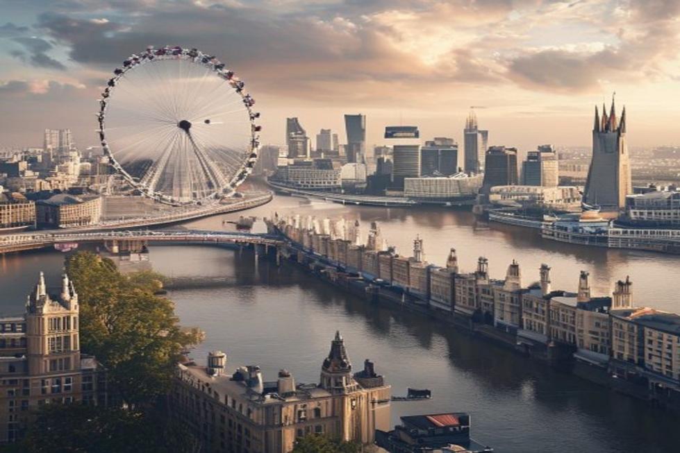 Vista panorâmica da cidade de Londres com a London Eye e o rio Tâmisa.