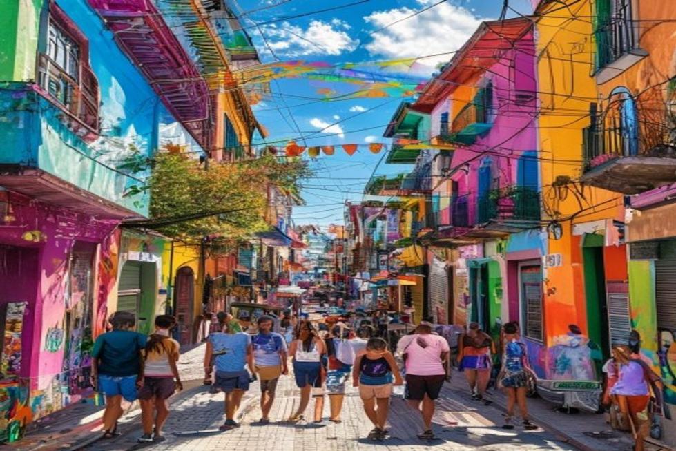 Vida urbana vibrante nas ruas de Curitiba, com arte de rua e interação cultural.