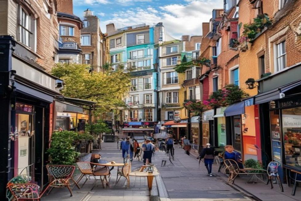 Vista de um bairro popular de Londres, com pessoas e cafés na calçada.